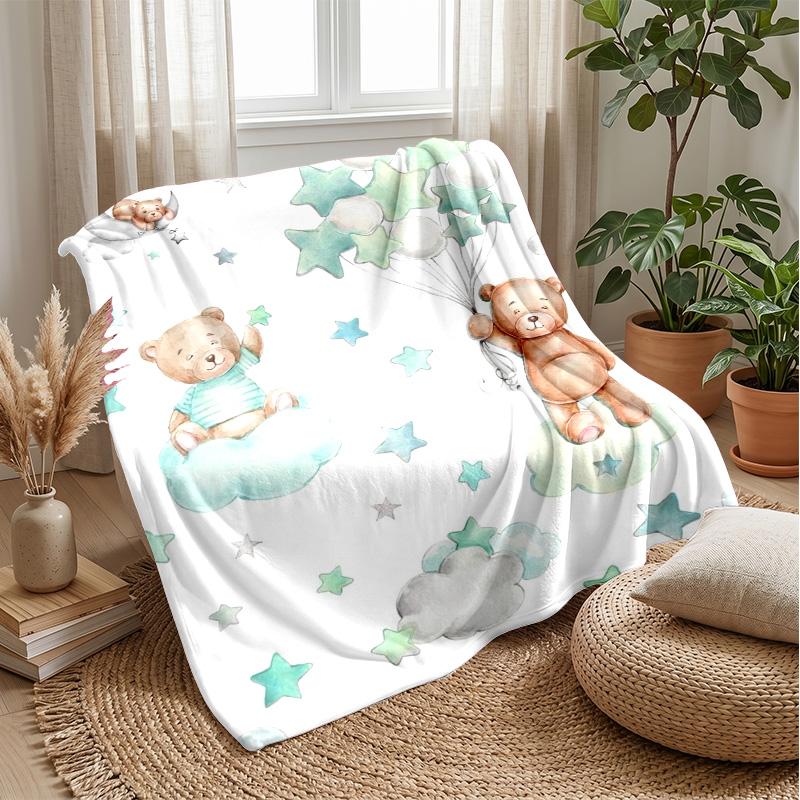 Teddybären mit Mond und Sternen Thema Decke Leichte Warme Flanelldecke Dekorative Überwurfdecke für Heimdekoration