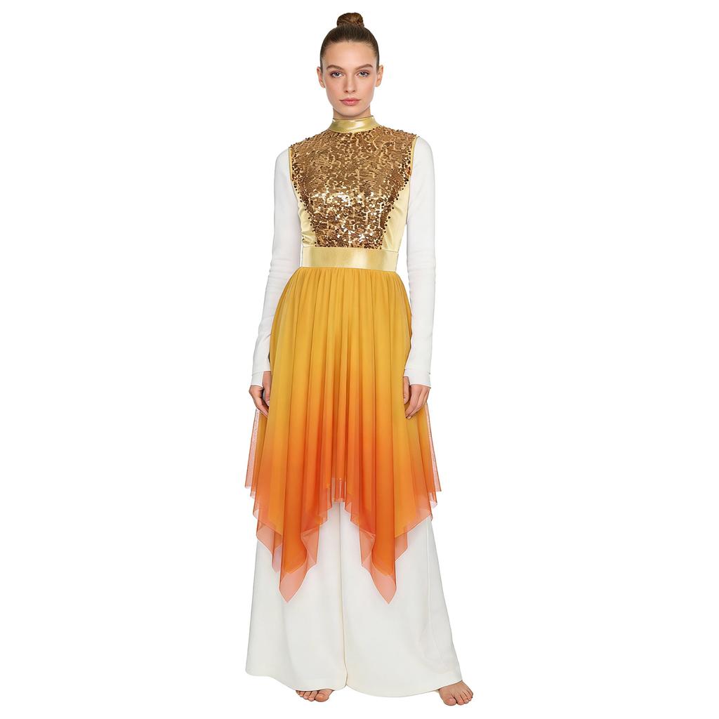 Womens Worship Praise Dance Dress Shiny Sequine Sleeveless Bodice Gradient Mesh Irregular Hem Lyrical Costume