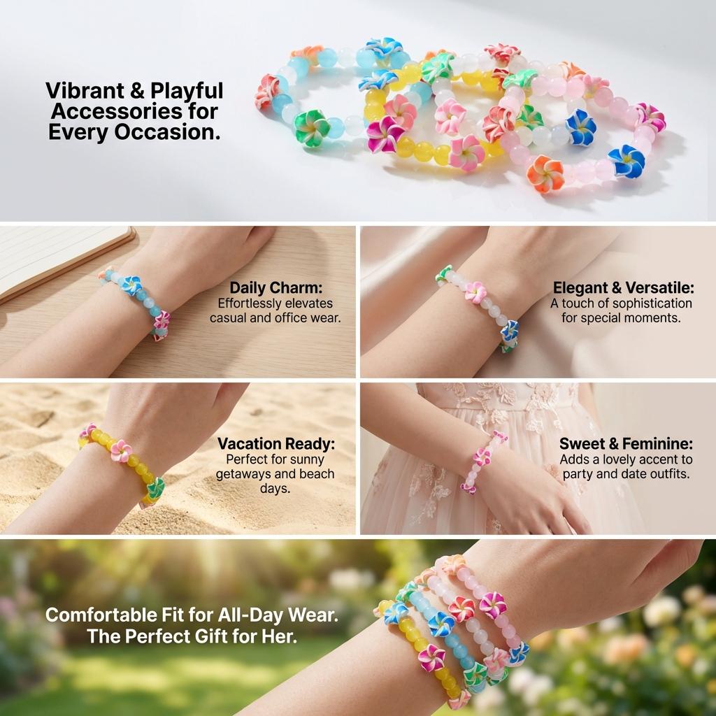 Bohemian Polymer Clay Flower Glass Beads Bracelet for Women Dopamine Plumeria Frangipani  Chain Summer Beach Party Jewelry Gift