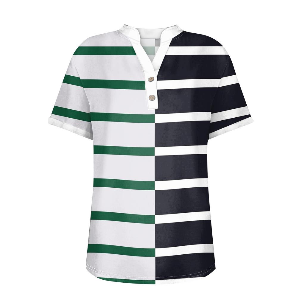 Women's Casual Fashion V-Neck Button Down Stripe Printed Short Sleeve Top