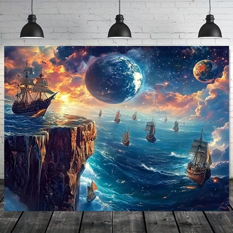 2D Magical Sea Adventure Backdrop Vintage Sailing Ships Photo Booth Banner