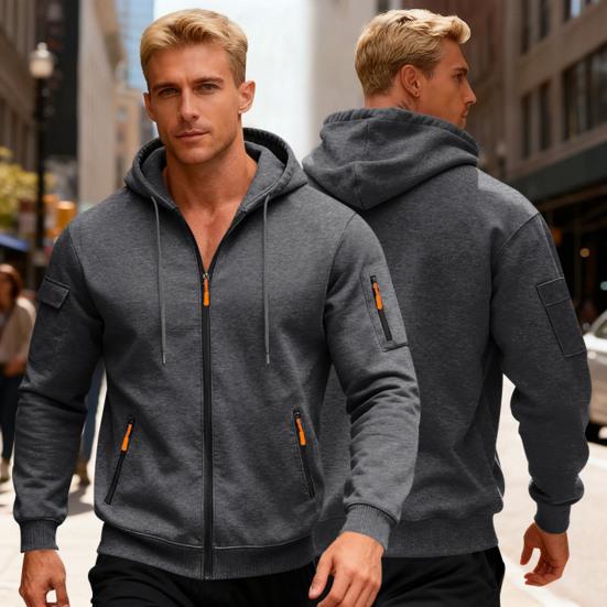 Hanorac Gros pentru Bărbați cu Fermoar, Cald, cu Glugă, cu Buzunare cu Fermoar, Jachetă Sport Casual de Toamnă Iarnă pentru Sală, Activități Zilnice, Streetwear