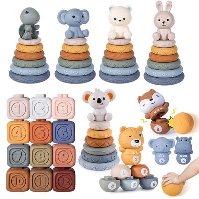 Infant Early Education Rainbow Stacking & Squeak Ring Teether Toy