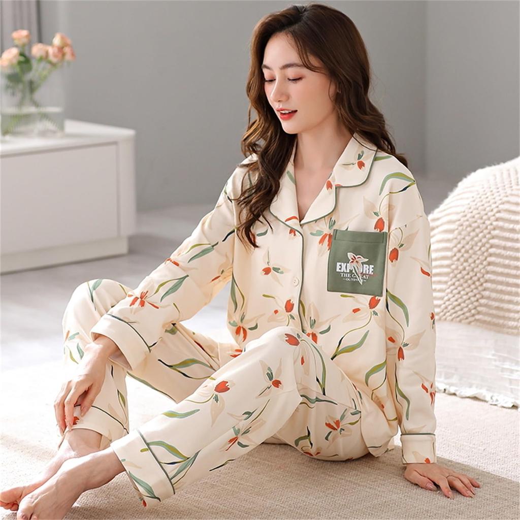 Kyonuza Cute Long Comfortable Relaxed School Size Women's Pajamas, 100% Cotton, Padded, Skin-Friendly, Open-Front, Loungewear, Spring/Autumn, Sleeves,