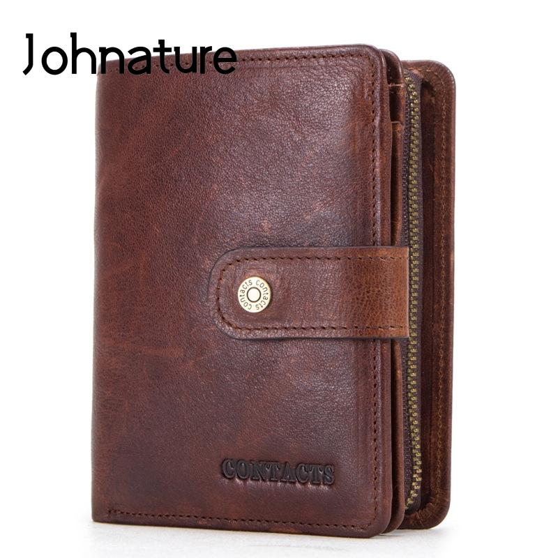 Johnature Portamonete da uomo con pochette multifunzione in pelle Crazy Horse vintage con cerniera solida e Hasp