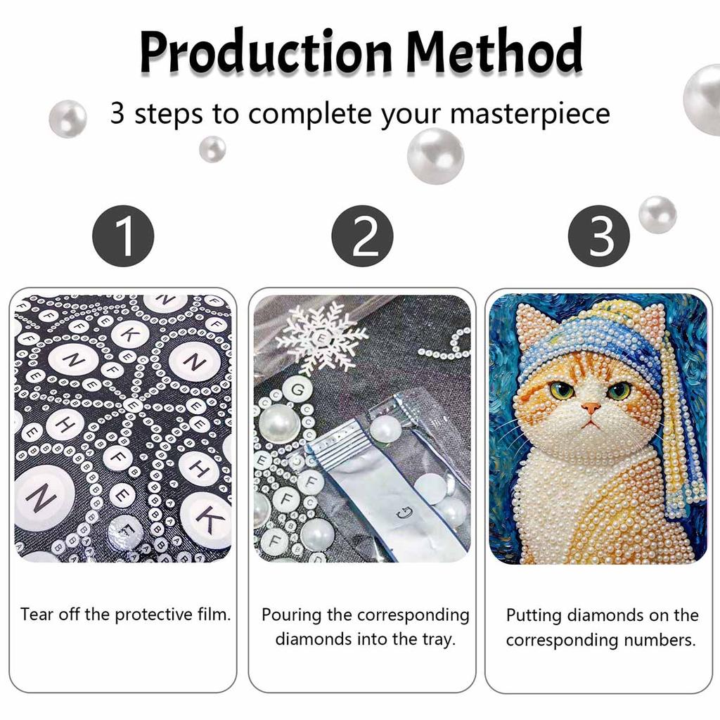 Pearl Painting DIY Kit Cute Cat Wearing Blue Hat Frameless Sparkling Bead Art Canvas Creative Home Decor Craft for Beginners