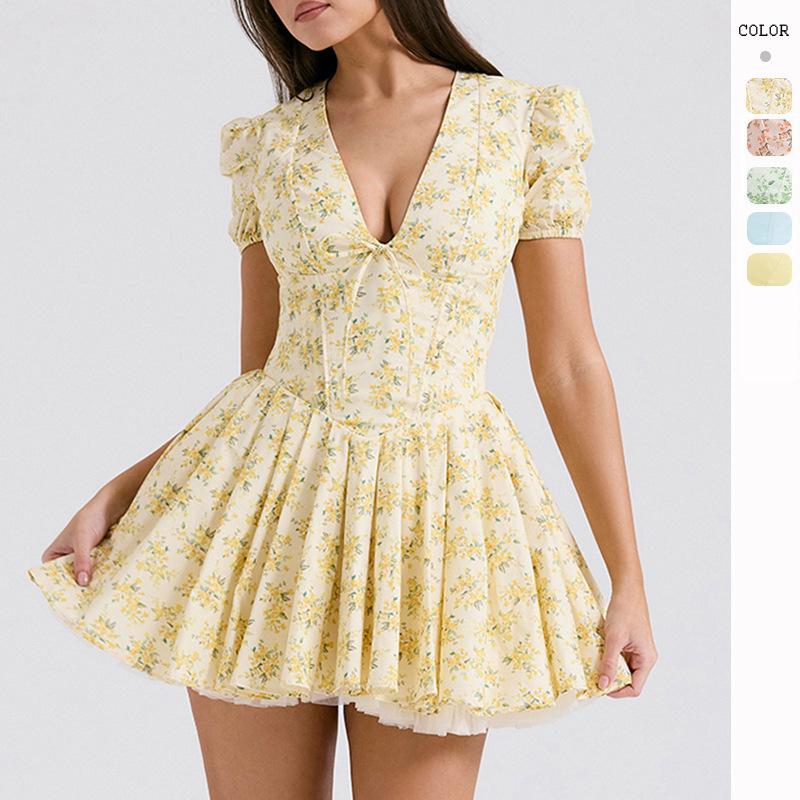 2026 Floral Puff Sleeve Summer Dress – Sweet French Style with Cinched Waist and A-line Skirt.