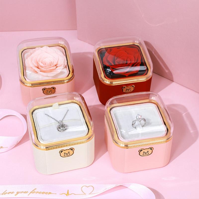 Fashion Cute Flip Necklace Box Romantic Dustproof Rotating Rose Box Automatic Plastic Necklace Storage Case Birthday