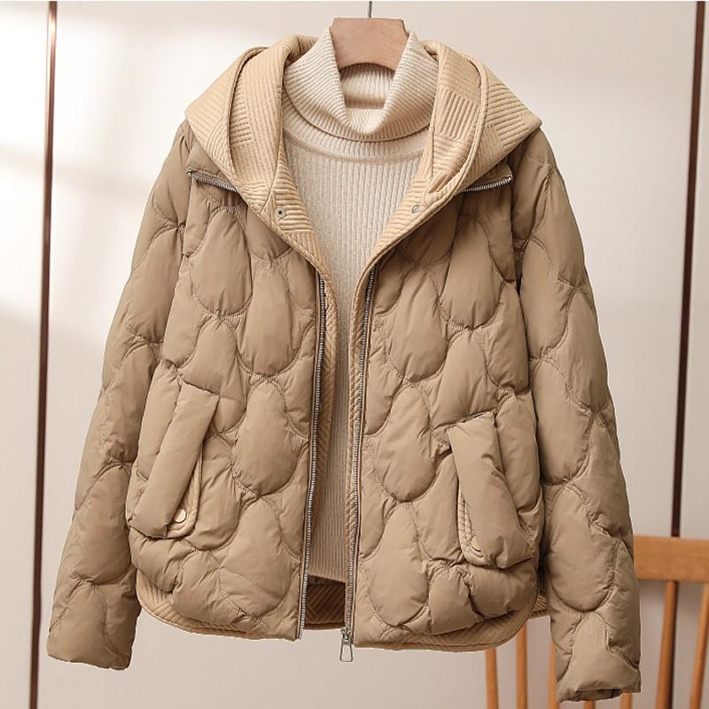 Fake two-piece knitted splicing down jacket women's 2024 winter new fashionable high-end hooded white duck down jacket