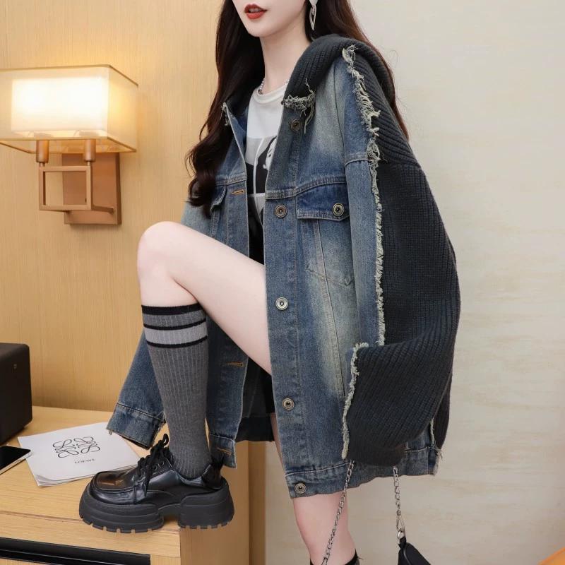 DIMANAF 2025 Winter New Jacket Women Sweaters Denim Coat Patchwork Wadded Cardigan Knitting Pockets Sweater