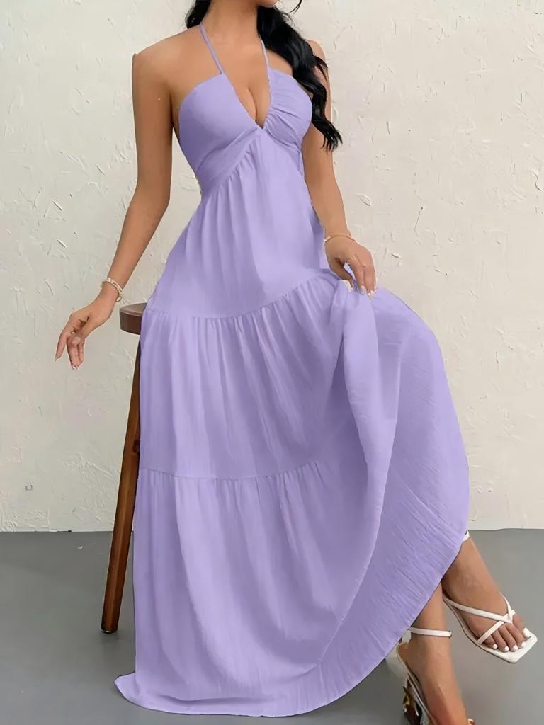 European and American Summer New Tube Top Sexy Backless Suspender Straps Seaside Vacation Casual Solid Color Neck Dress Women