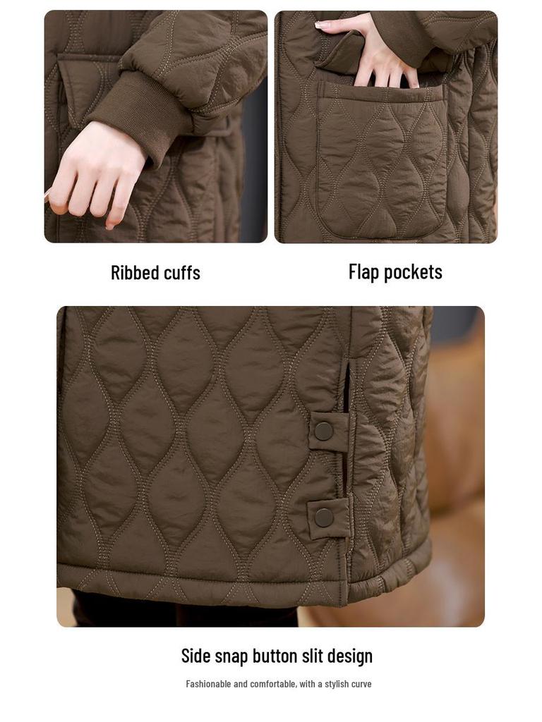 Women's Retro Argyle Cotton Mid-Length Winter Coat - Loose Casual Lapel Jacket