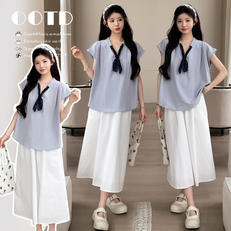 2026 Korean Loose Patchwork Silk Shirt & Tummy Support Half Skirt Set M