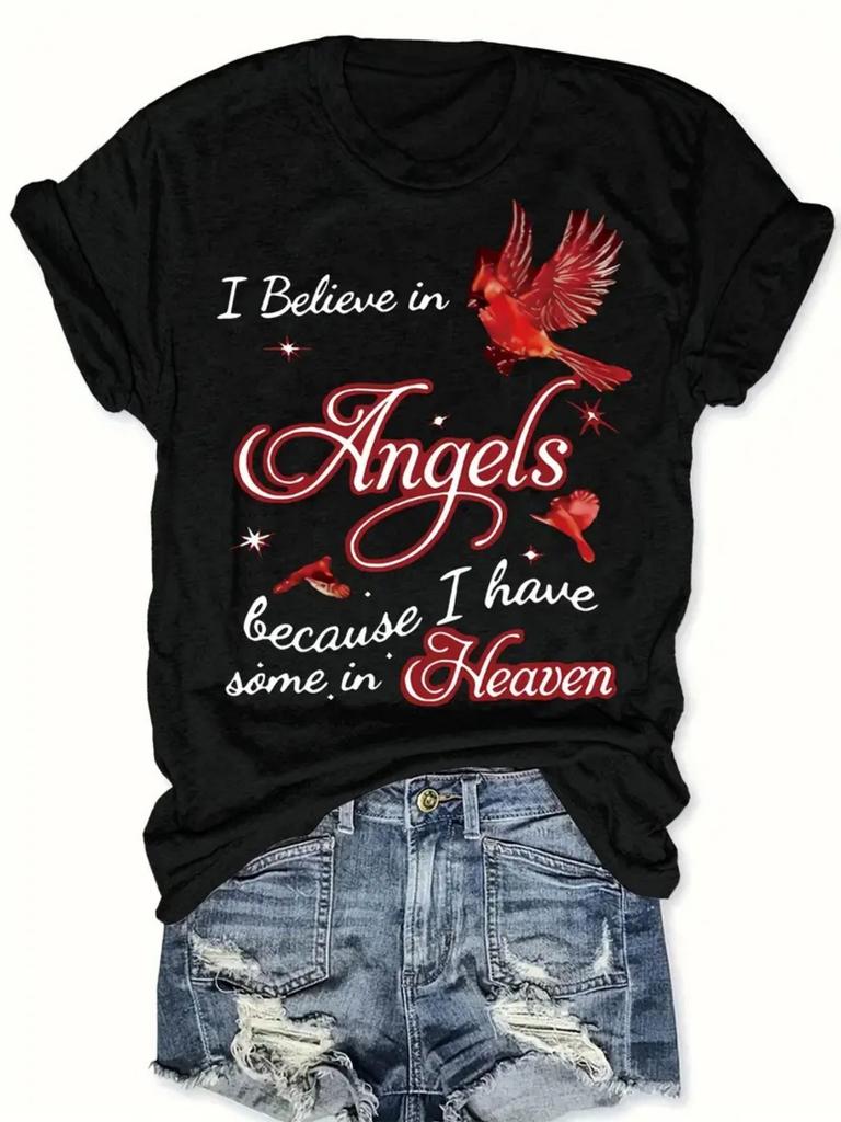180g-262g Women'S| "I Believe In Angels" Black Casual Short Sleeved Round Neck Top, Suitable for Spring and Summer, Machine Washable, Bold Text Style