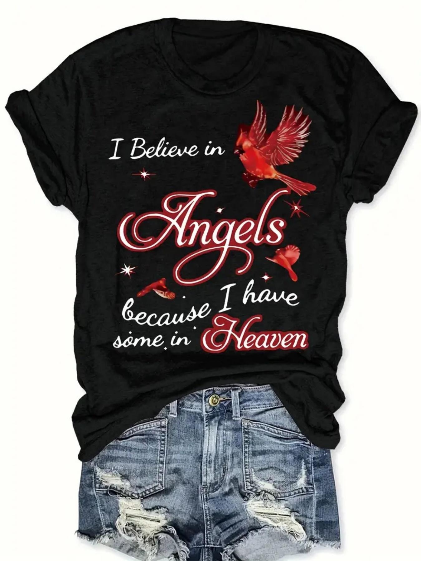 

180g-262g Women S| I Believe in Angels Black Casual Short Sleeved Round Neck Top, Suitable for Spring and Summer, Machine Washable, Bold Text Style 4XL чорний