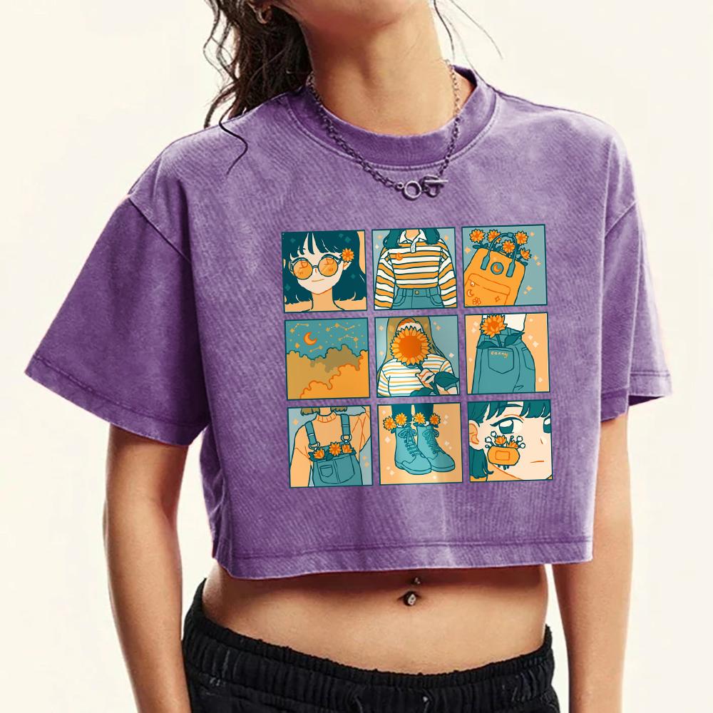 

Принт с иллюстрацией оранжевой девушки в сетке девяти дворцов, женская футболка с принтом, выстиранный фитнес-кроп-топ, одежда Харадзюку, хлопковая футболка XL