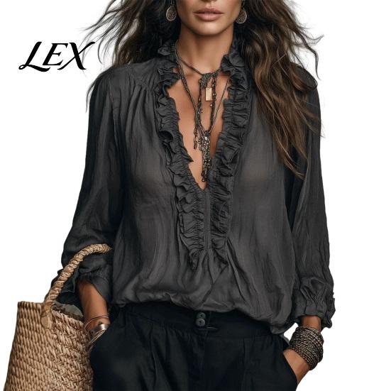 Ruffle V-Neck Shirt Women Top, Solid Color Casual Long Sleeve Office Wear Blouse Pullover Shirt, Retro Pleated Loose for Autumn Classic Fall Top