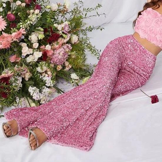 Yousheng Damenhose, elastischer, hochgeschnittener, weiter Bein-Hosen-Schnitt, glitzerndes Pailletten-Design, Freizeithose für Partys, Urlaub, Streetwear
