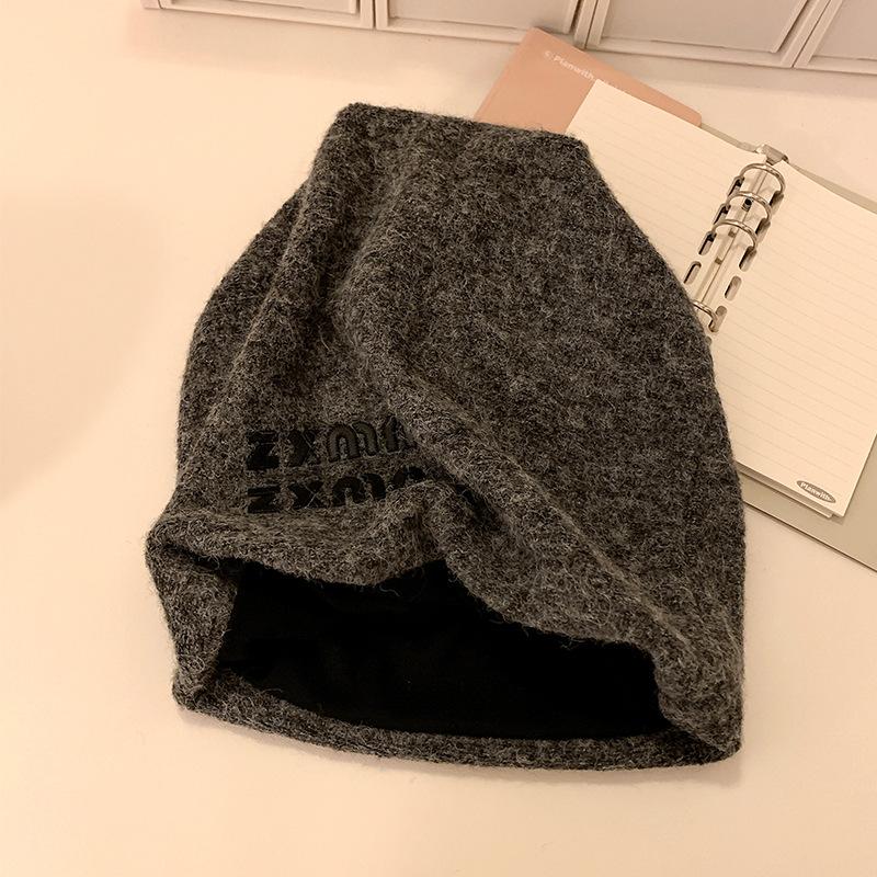 Wool gray knitted pile hat women's autumn and winter big head circumference warm hat ear protector head cold hat showing small face