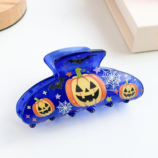 Hair Claw for Women, Halloween Themed Hair Clip with Pumpkins Bats Skeletons Prints, Transparent Acrylic Shark Hair Claw, Comfortable Fit Hair