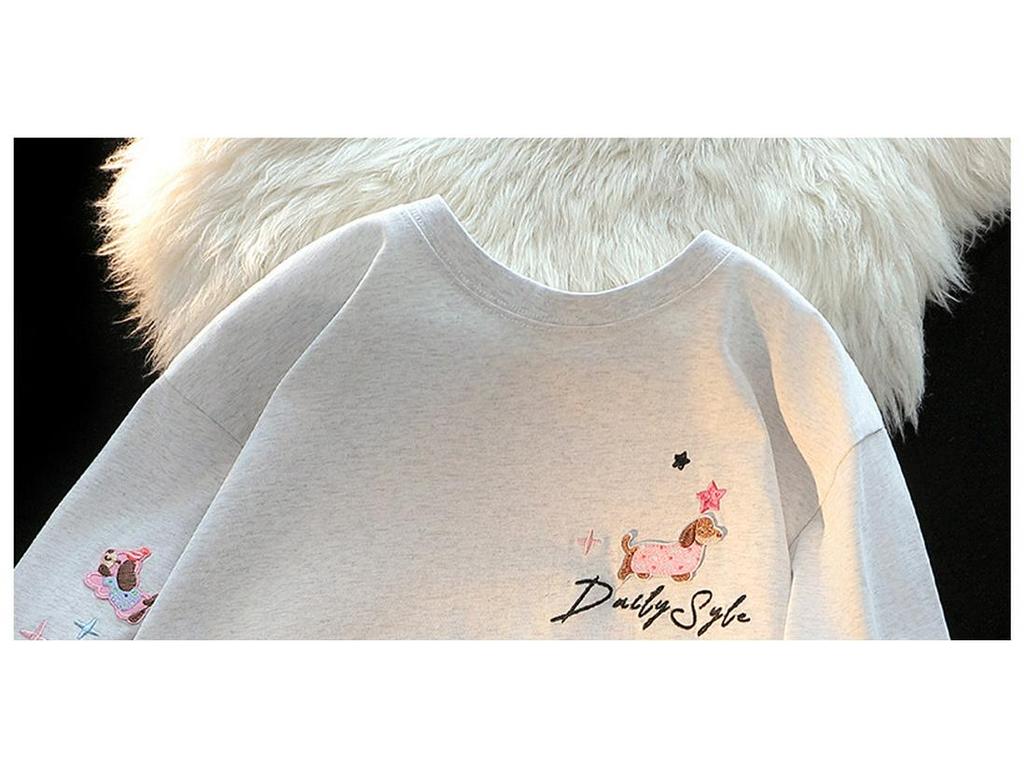 American Chic Embroidered Puppy Short-Sleeve Cotton T-Shirt for Women – Summer Loose Fit Cute Top