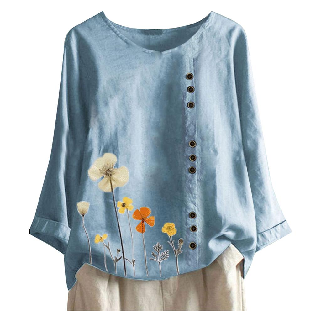 Women Casual Floral Print Long Sleeve Button  Loose T-Shirt Top Blouse