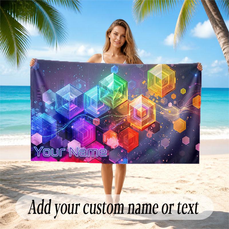 Abstract Geometric Theme Soft Beach Towel Personalized Custom Name Text Towel Portable for Beach Pool Travel