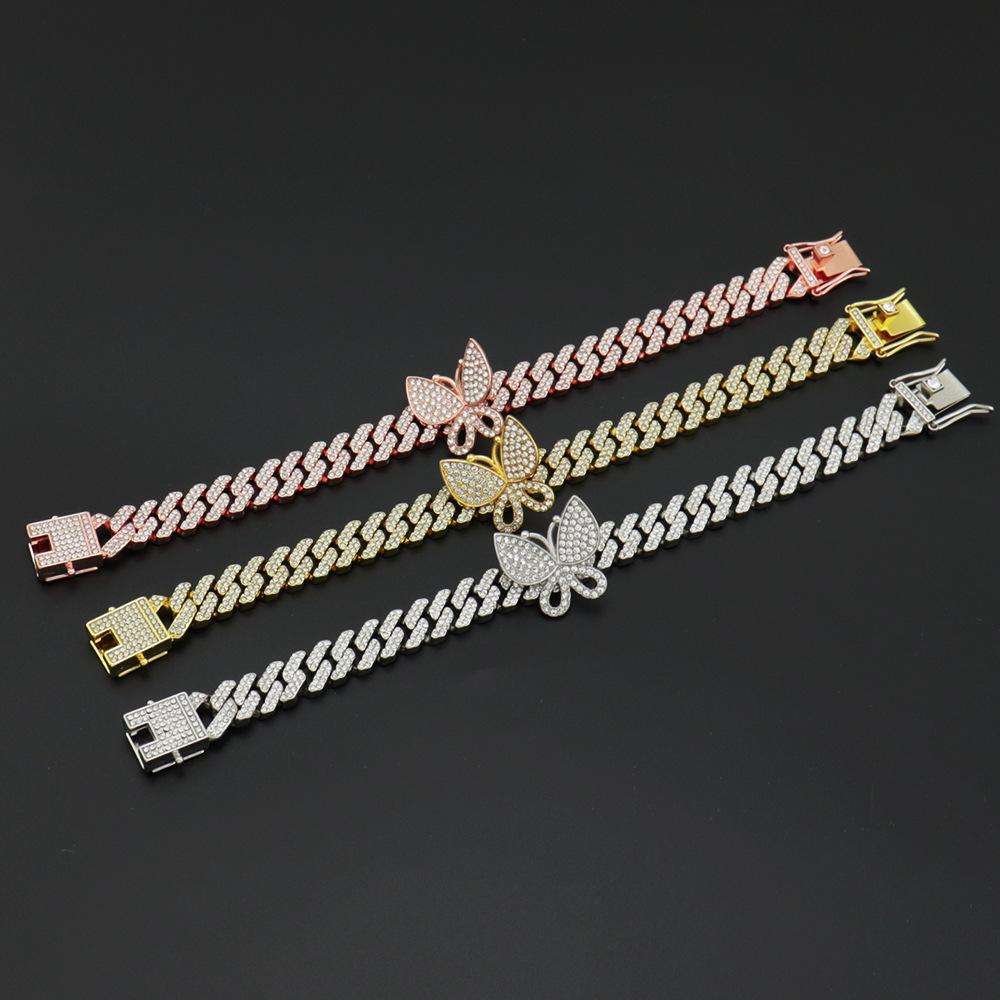 European American Hip Hop Butterfly Iced Out Bracelet, 12mm Full Diamond Rhombus Hiphop Punk Alloy Bracelet