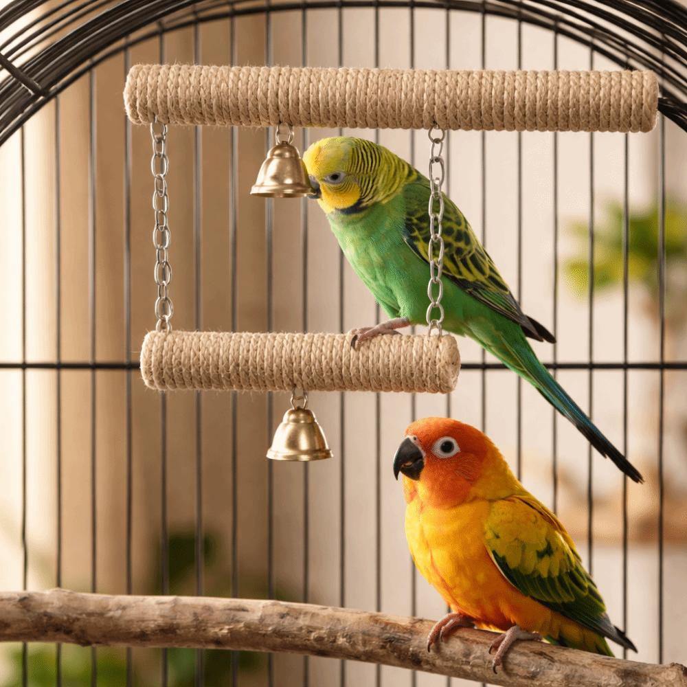 Double Layer Wood Standing Stick Colorful Cotton Rope Bird Cage Swing  Training Perch