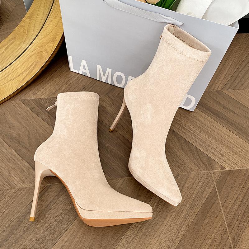 Autumn and winter nude thin boots high heels women's thin heels temperament short boots waterproof table suede pointed elastic boots