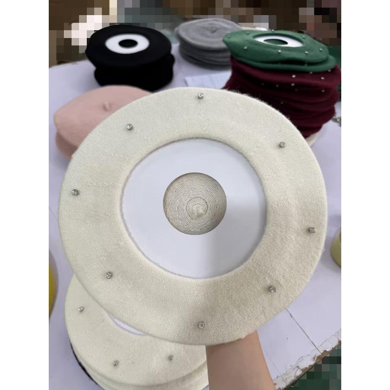 Women S Wool Beret Hat With Rhinestones Vintage Multi Color Face Slimming