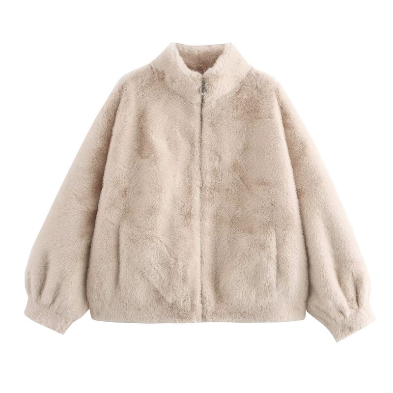 Kaslead New Arrival Women's Clothing Fashion Style Fur Integrated Stand Collar Short Zipper Jacket Outwear