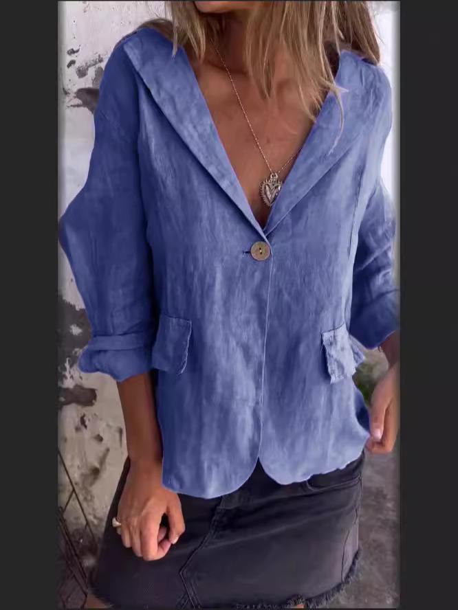 

2024 Женский весенний блейзер большого размера свободного кроя из хлопка и льна с лацканами с насечкой и пуговицами 5XL синий