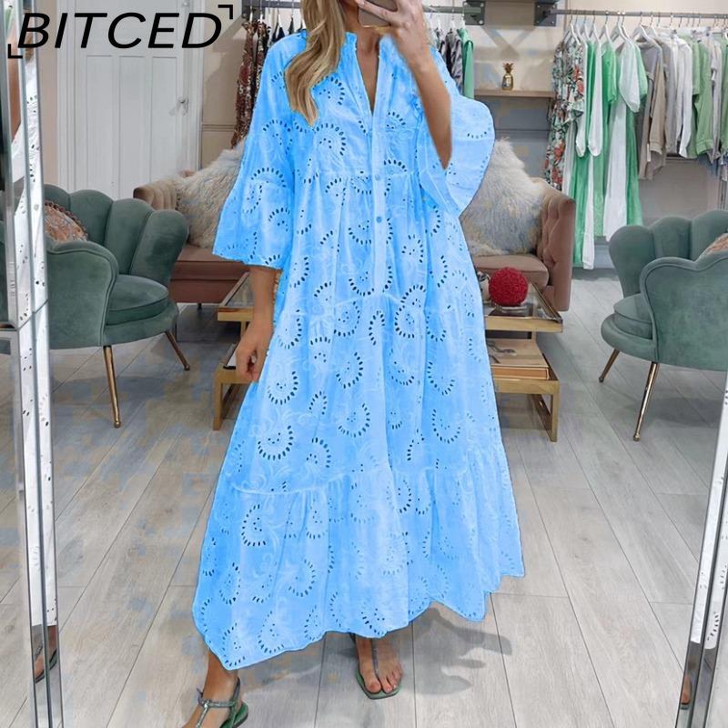 BITCED Women's Summer/Autumn V-neck Bell-Sleeve Lace-Embellished Solid-Colour Sensual Long Dress
