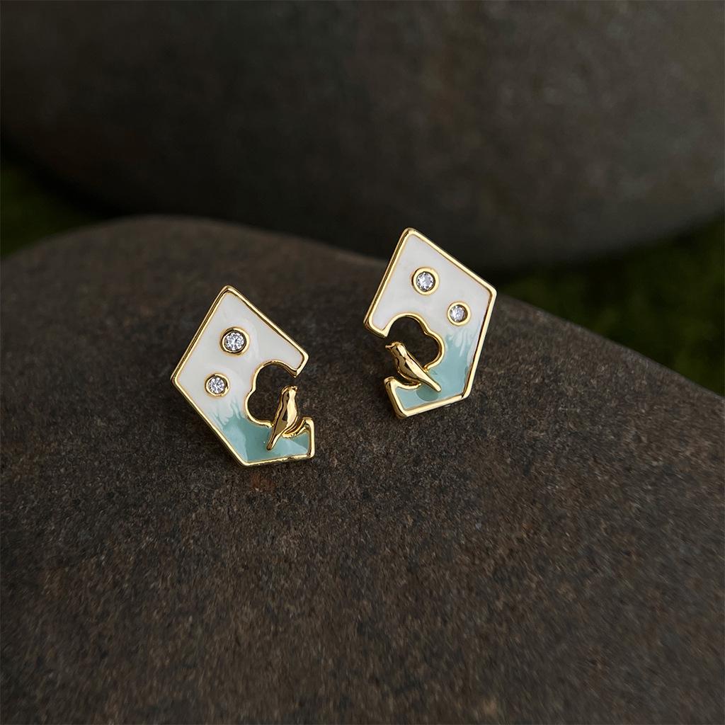 The Bird Collection: Gradient Enamel Zircon Geometric Stud Earrings - Light Luxury Literary Fashion Style