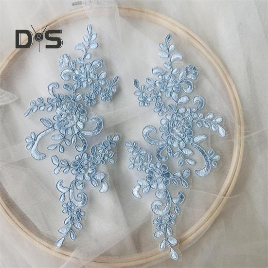 2 Pcs Embroidery Lace Applique Sewing Flower Fabric Collar Patch Motif Wedding Gown Dress Bridal DIY Crafts for Daily Wear Tailor Shops