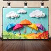 Fondo de banner con tema de gotas de lluvia y paraguas 3D, accesorios para sesión de fotos en estudio, póster de jardín de infantes, accesorios para fiesta de cumpleaños infantil