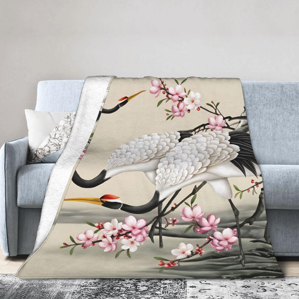 Soft Warm BlanketStudents Travel Chinese Style Crane Throw Blanket Flannel Bedspread For Couch Bed Novelty Sofa Bed Cover