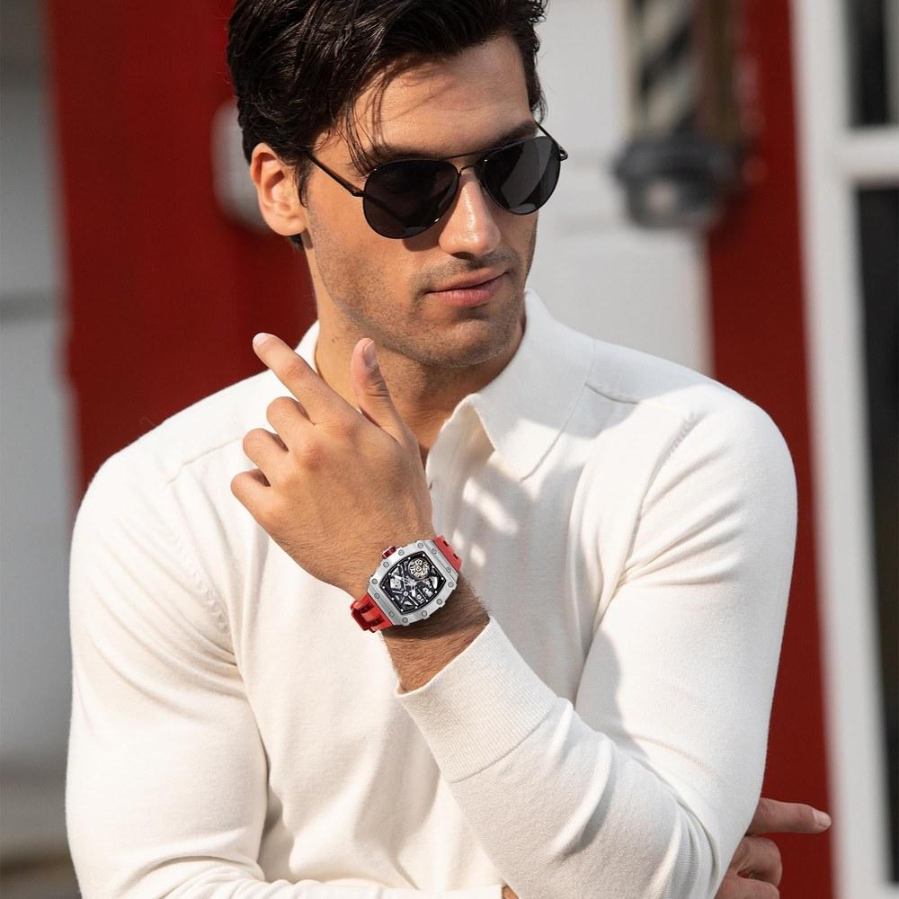 TSAR BOMBA Men's Skeleton Watch Tonneau Face 50M Water-Resistant Stainless Steel Luminous Japan Movement Red Silicone Band