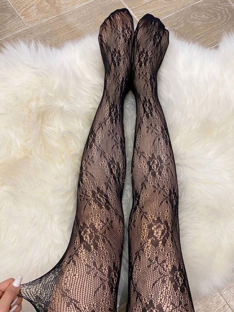 1 Pc Lace Flower Bottomed Stockings Women Gothic Black White Mesh Hollowed Pantyhose Female Sexy Fishnet Tights Hosiery