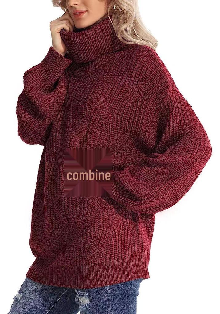 2026 Autumn/Winter Women's Loose High Neck Cable Knit Sweater Pullover