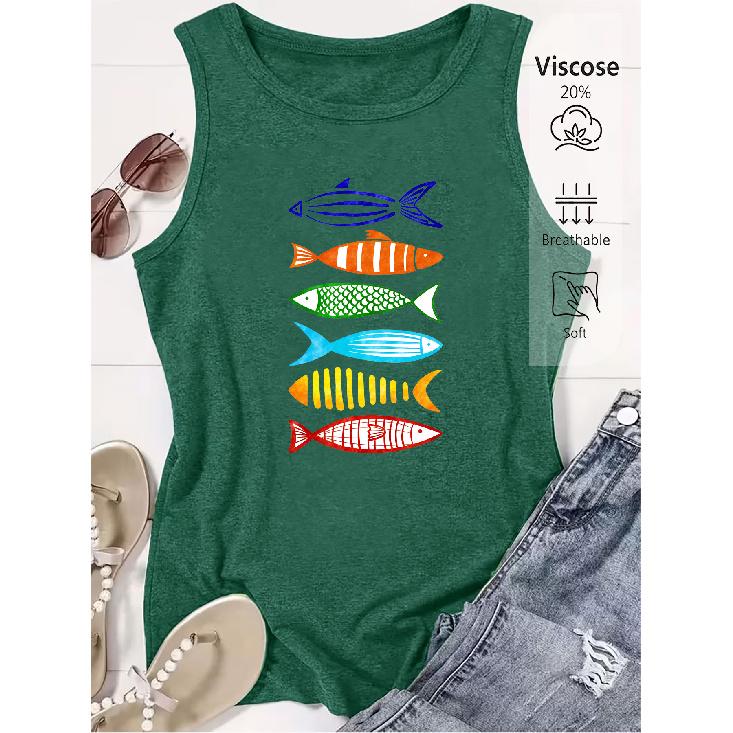 Women's sleeveless vest with watercolor line fish print, premium quality, fun and trendy, suitable for spring and summer.