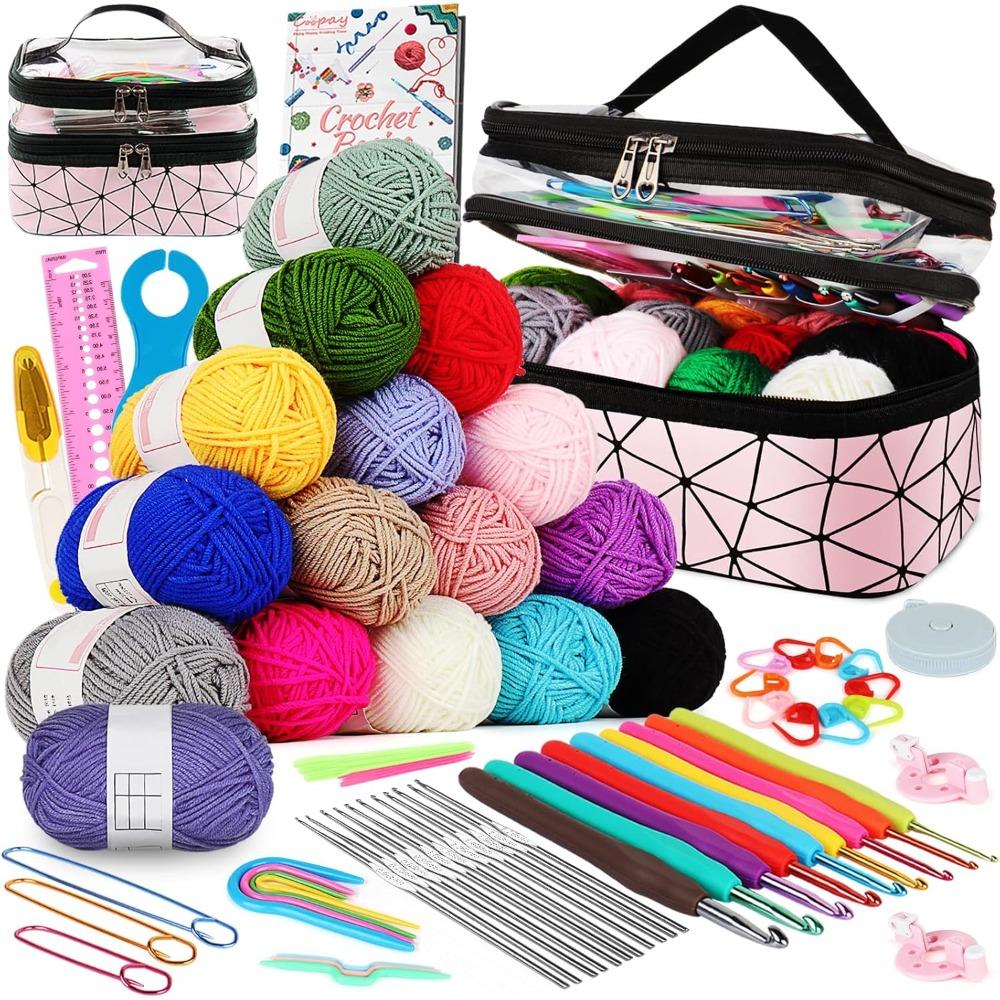 Beginner adult crochet kit, 16-color yarn crochet animal set with instruction manual, portable beginner crochet set, double-layer crochet beginner kit