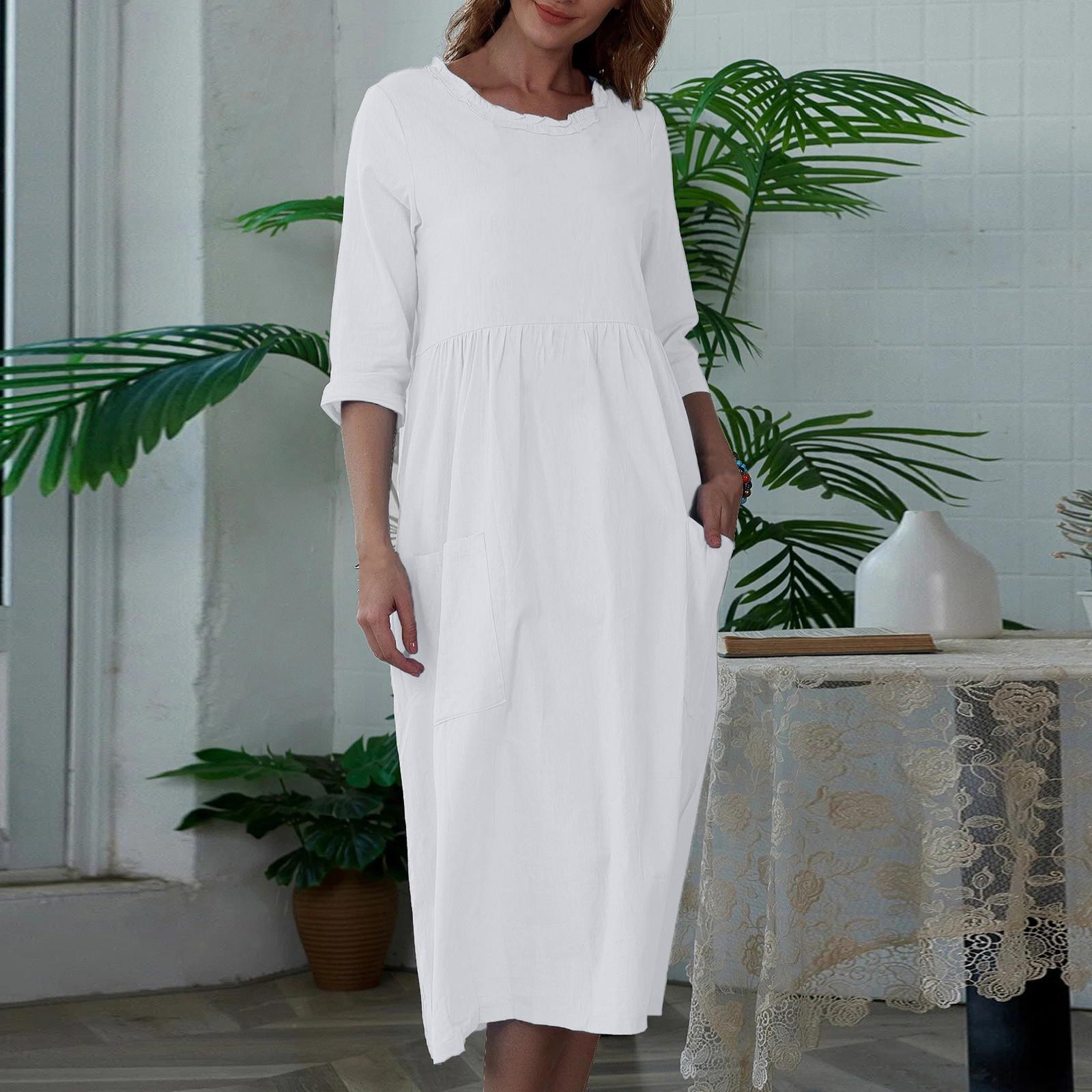 

Женское модное повседневное платье-туника средней длины с рукавами 3/4 и рюшами, круглым вырезом и двойным карманом, с карманами средней длины XL белый