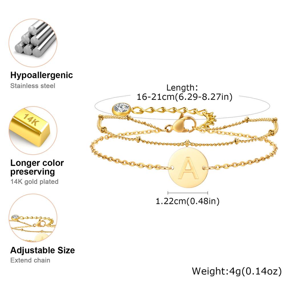 Vnox Dainty Initial Coin Bracelets, Womens Layerd A-Z Letters Monogram Bracelet, Stacked Stainless Steel Link Chain Bracelets