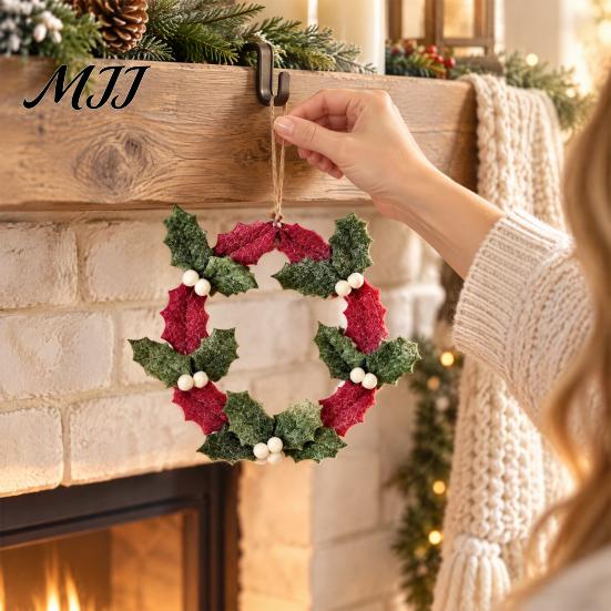 Holiday Wall Hanging Decor 8 Inch Felt Christmas Holly Wreath, Handmade Berry Festival Scene Ornament Wreath for Front Door, Winter Window Reusable