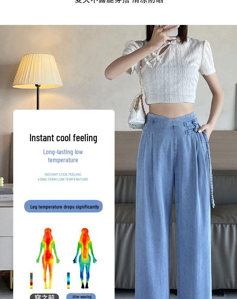 Women's National Style Tencel Button-Up Wide-Leg Jeans - 2026 Summer Slim Straight Casual Pants