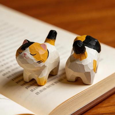 Hand Carved Wooden Calico Cat Figurine Cute Hand-Painted Kitten Statue Mini Desk Decor Ornament Gift Cat Lover Collectible Wood