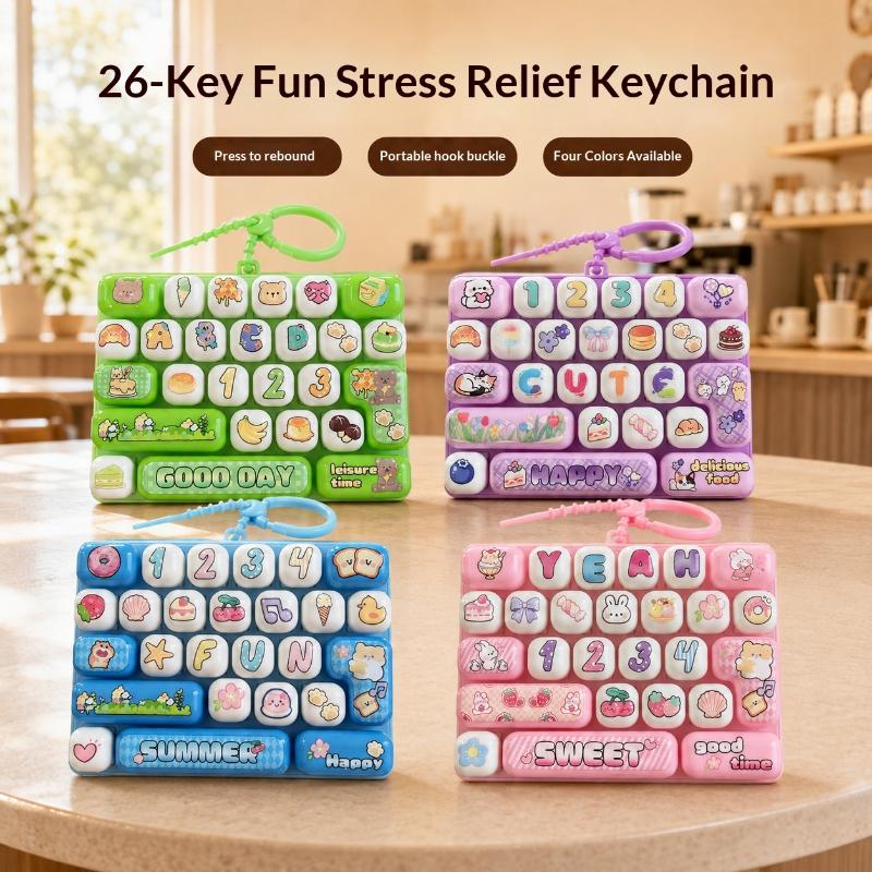 Candy Color Cartoon Keycap Keychain 26 Key Decompression Keyboard Fidget Keycap Clicker Toy Bag Pendant