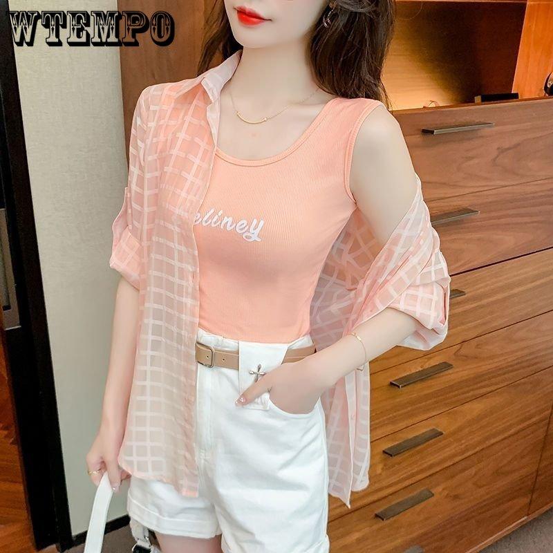 WTEMPO Summer Women's Sunscreen Clothing Open Light Plaid Jacket Chiffon Temperament Breathable Loose Long-sleeved